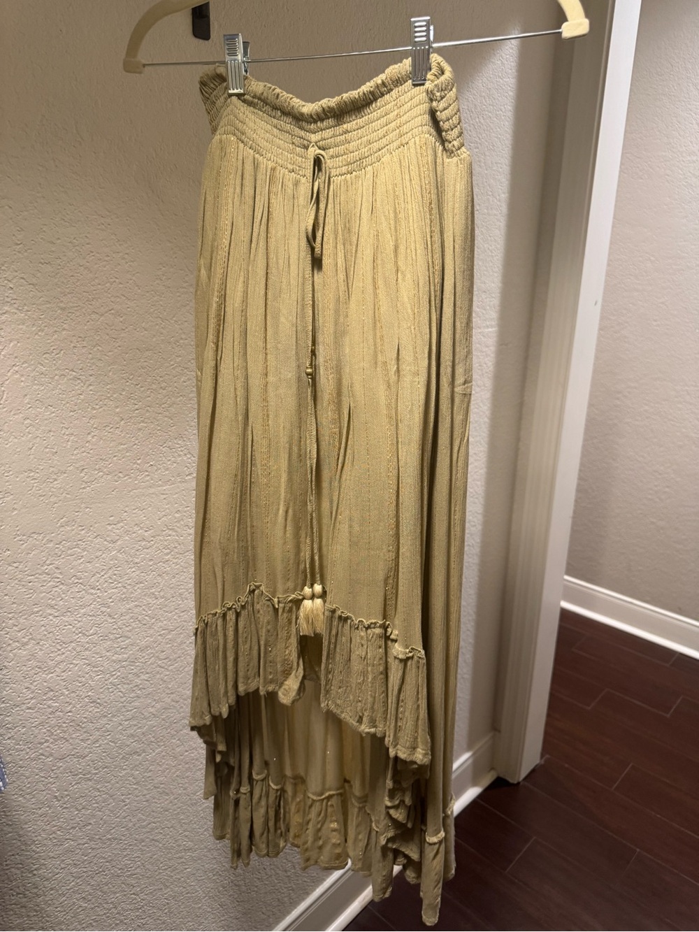 Bohemian High-Low Maxi Skirt in tan with gold trim
